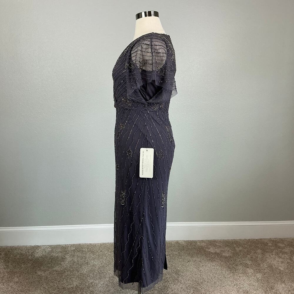 Adrianna Papell Beaded Short Flutter Sleeve Midi Sheath Gown Gray Size 14 Dress - Picture 6 of 13